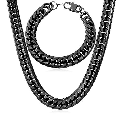 U7 Diamond Cut Miami Cuban Link Chain for Men Women Stainless Steel Curb Chain Necklace, Cool Hip Hop Jewelry Silver/Black/18K Gold Plated Chains, Width 3/6/9/12mm,18/20/22/24/26/28/30 Inch - f.Franco Curb Chain Set-12mm-black - 22.0 Inches