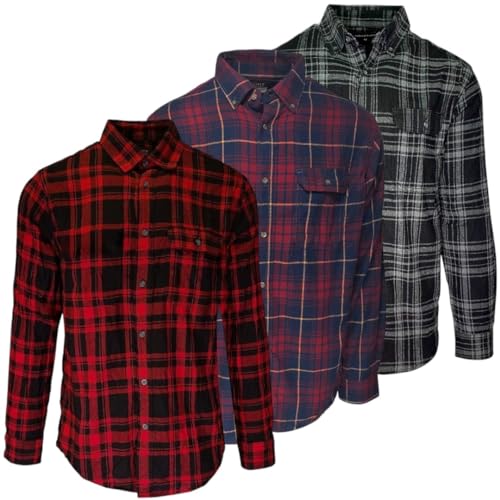 Andrew Scott Men's Button Down Regular Fit Long Sleeve Plaid Flannel Casual Shirts -Pack of 3 - 3 Pack - 1 Pocket Grab Assorted Plaids - Medium