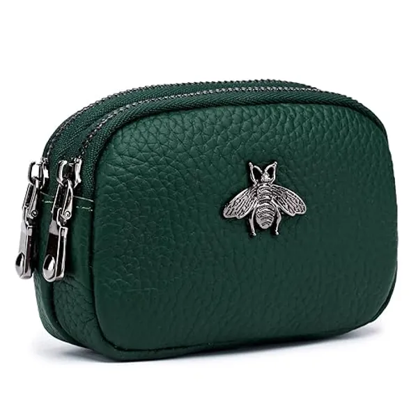 imeetu Women Leather Coin Purse, Small 2 Zippered Change Pouch Wallet - A-Green - Bee Style