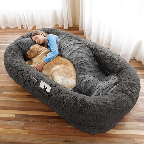 Human Dog Bed, 71''x45''x12'' Size Fits You and Pets, Washable Faux Fur Dog Bed for People Doze Off, Napping Orthopedic Dog Bed, Present Plump Pillow, Blanket, Strap - Dark Grey - 71.0"L x 45.0"W x 12.0"Th - Dark Grey