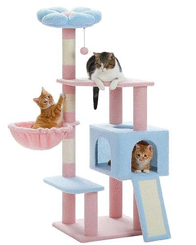 MUTTROS Flower Cat Tree 47.2" Multi-Level Cat Tower with Sisal Covered Scratching Posts, Cute Cat Condo for Indoor Small Medium Cats, Pink Top Perch, Ramp, Fluffy Ball, Blue - 47.2" Flower Cat Tree - Blue