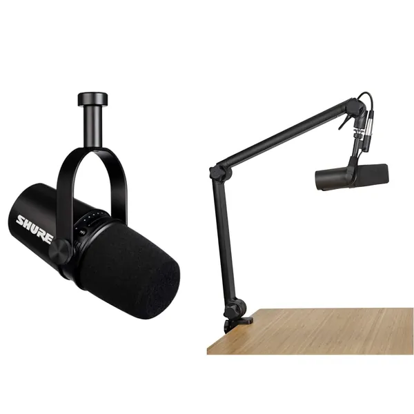 Shure MV7 USB Microphone + Gator 3000 Boom Stand Bundle for Podcasting, Recording, Live Streaming & Gaming, Built-In Headphone Output, All Metal USB/XLR Dynamic Mic, Voice-Isolating Technology - Black - Deluxe Boom, Black Mic