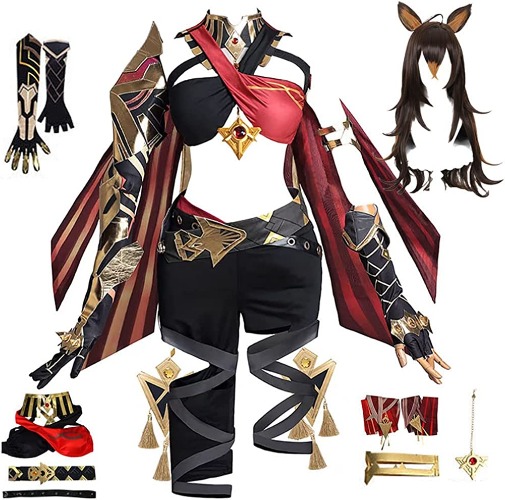 Tkieio Dehya Cosplay Costume Dehya Outfits Characters Costume Anime Full Set for Women Halloween - Red(wig) X-Large