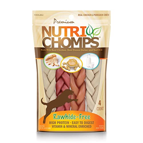 NutriChomps Dog Chews, 6-inch Braids, Easy to Digest, Rawhide-Free Dog Treats, Healthy, Real Chicken, Peanut Butter and Milk flavors, Pack of 4 - brown - 4 Count (Pack of 1) - Dog Chews