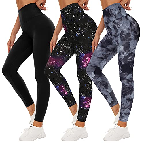 QGGQDD 3 Pack Black High Waisted Leggings for Women - Buttery Soft Workout Yoga Athletic Leggings - Large-X-Large - 01-black/ Galaxy/ Black Tie-dye