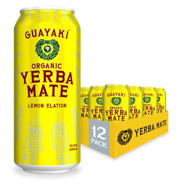 Guayaki Yerba Mate, Clean Energy Drink Alternative, Organic Lemon Elation, 15.5oz (Pack of 12), 150mg Caffeine - 