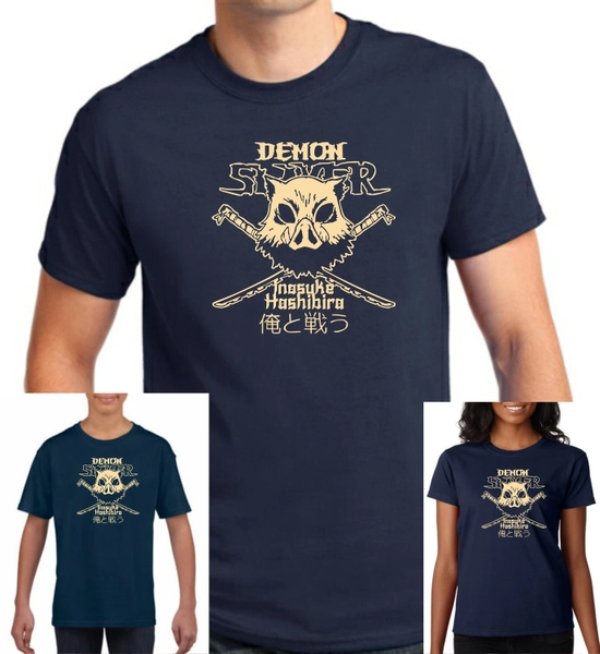 Demon Slayer inspired Inosuke Fight Me navy t-shirt, unisex, ladies fitted and childrens.