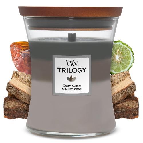 WoodWick Medium Hourglass Trilogy scented candle- Cozy Cabin Scent