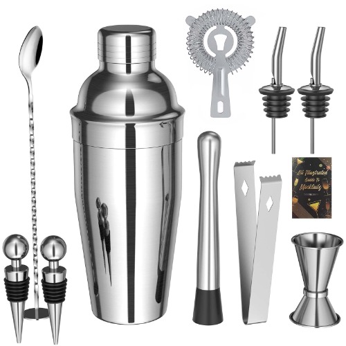 Cocktailshaker, 10 stuks, roestvrij staal, cocktailmixset met receptenboek, 750 ml, premium barkeeperset voor thuis, bar