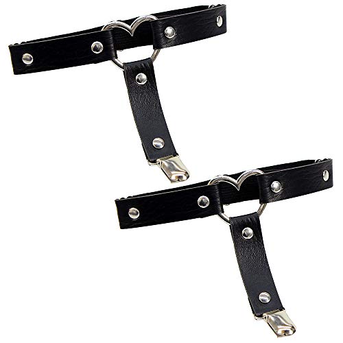 Garters Belt Adjustable Love Heart Leg Garter with Buckle Anti-Slip Clips Elastic Punk 1 Pair - Black