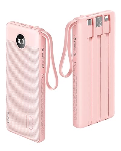 VRURC Portable Charger 10000mAh, Slim LED Display Power Bank, 5 Output 2 Input Cell Phone Battery Pack, Built-in Micro & USB C Cables Phone Charger Compatible with iPhone,Samsung,Android-Pink(1 Pack) - Pink