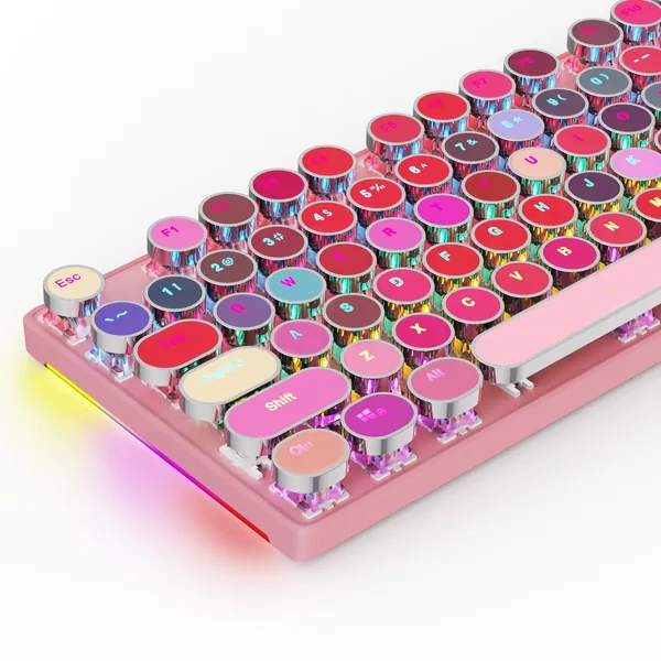 Typewriter Mechanical Gaming Keyboard with RGB Side Lit and Rainbow Backlit, Retro Style, Blue Switches, Lipstick 104 Keys for Mac, PC, Cute Pink - Lipstick, blue switches
