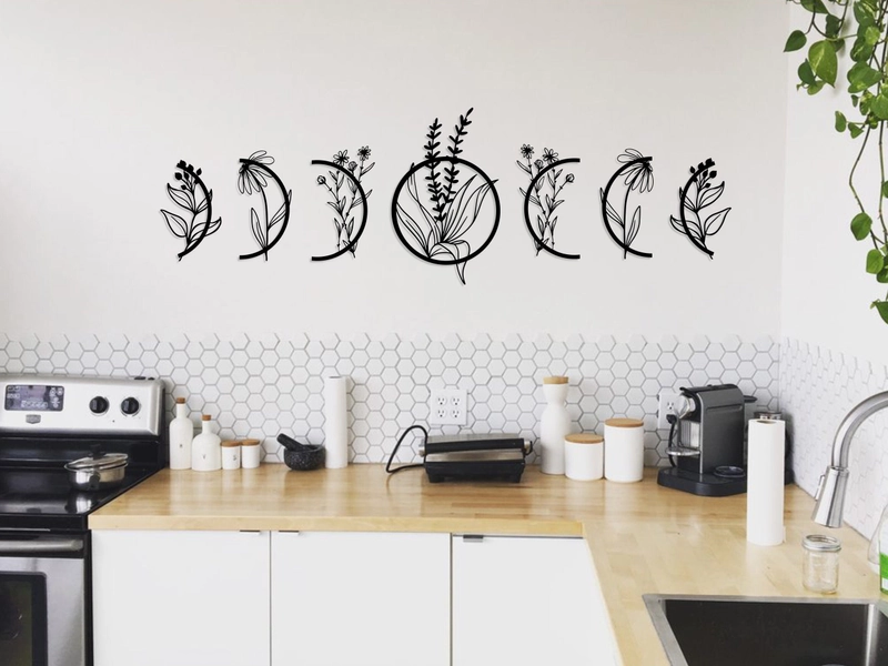 Moon Wall Hanging, Metal Moon Phases Floral Wall Art Set, Celestial Wall Decor