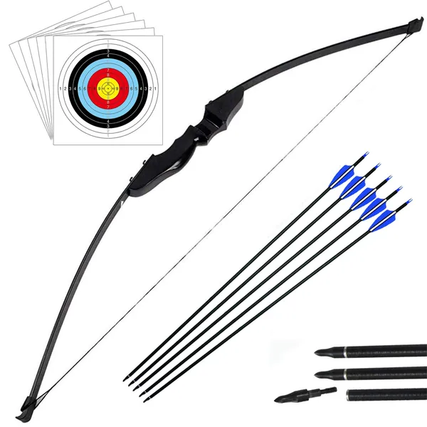 Archery Takedown Recurve Bow and Arrow Set Hunting Long Bow Kit for Outdoor Shooting Training(40LB,5 Arrows,6 Target Faces)