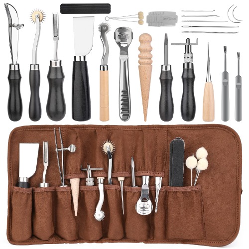 Leather Working Tools, Leather Hand Tools with Edge Beveler, Skiver, Stitching Tools for Hand Sewing, Groover, Skiving Tool, Leather Craft Tools for Beginners to Professionals