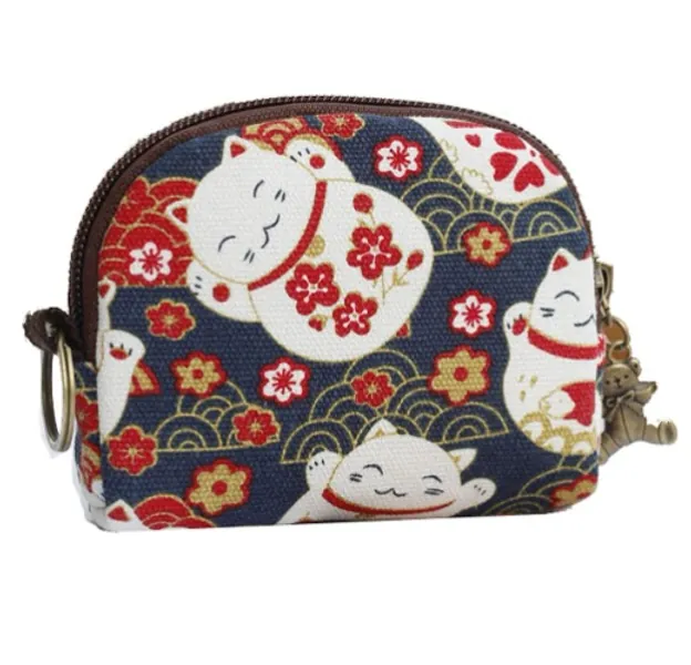 YaJaMa Women Zipper Coin Purse Cute Cartoon Totoro Girls Canvas Small Key Wallet Keyring Keychain Credit Card Case Holder Mini Storage Bag (Cat) - Cat