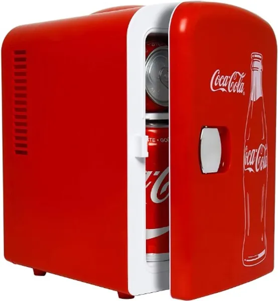 Coca-Cola Classic Red Portable 6 Can Thermoelectric Mini Fridge Cooler/Warmer, 4 L/4.2 Quarts Capacity, 12V DC/110V AC for home, dorm, car, boat, beverages, snacks, skincare, cosmetics, medication - 