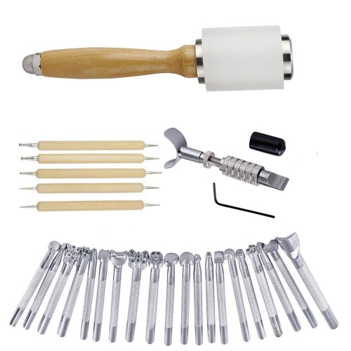 BANYOUR 20 PCS Leather Stamping Tool Leather Carving Working Saddle Making Tools DIY Leather Craft Stamps Set DIY Hammer - Leather Stamping Tool