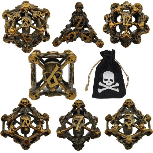 DND Dice Set Hollow Metal Halloween Skull MTG Suitable for Roleplaying Dungeons and Dragons RPG D&D D20 Polyhedral Board Game D20 Figit with Black Dice Bag-Ancient Gold - Ancient Gold