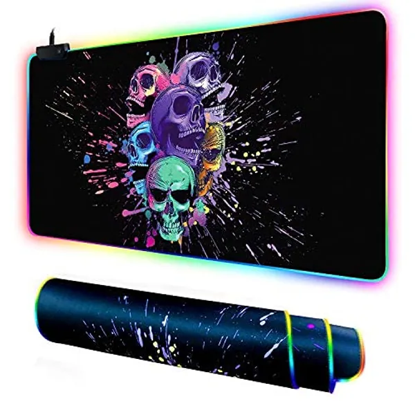 Varsamp RGB Gaming Mouse Pad Mat Extended Soft Large XXL Led Extra Computer Keyboard Desk Pad Mat Anti-Slip Rubber Base Stitched Edges 14 Lighting Modes 2 Brightness Ergonomic Colorful Skull Mouse Pad