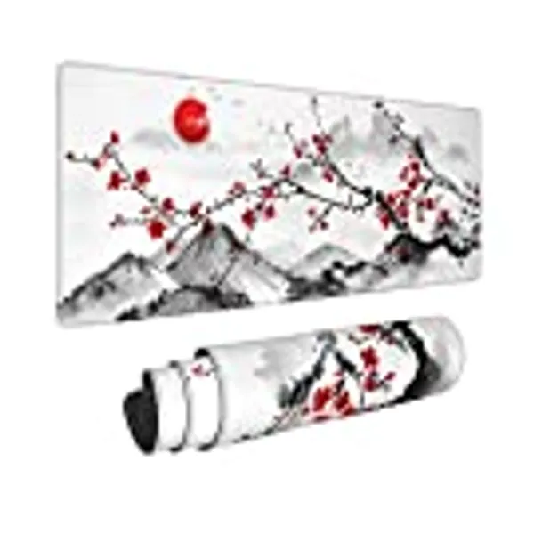 Watercolor Cherry Blossom Mouse Pad 31.5x11.8 Inch Pink Full Desk Japanese Sakura Mousepad Extended Large Non-Slip Rubber Base Waterproof Big Keyboard Mat with Stitched Edges for Gaming and Office