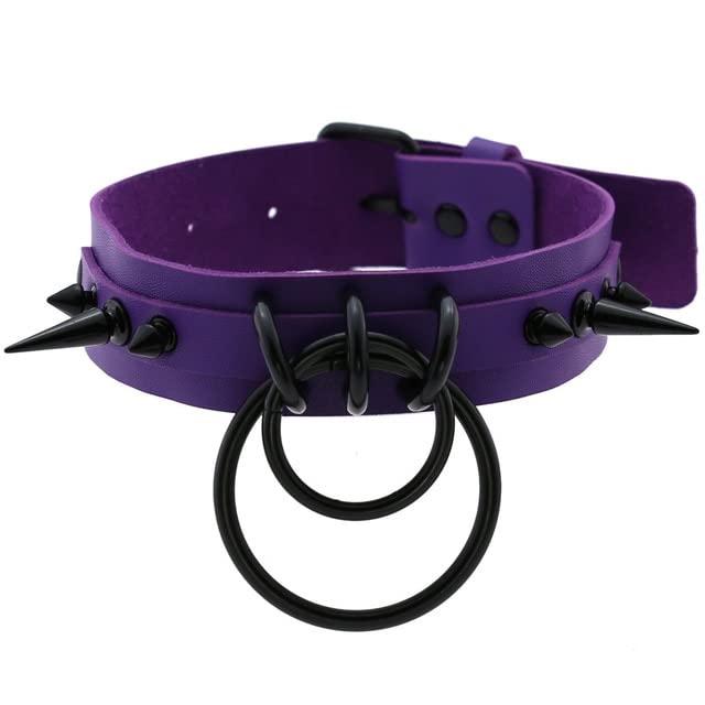 Necklace-Bracelet- Emo Purple Goth Punk Leather Choker Necklaces Women Men Black Rivet Metal Chian Necklace Halloween Cosplay Jewelry - P011 purple - Black,Purple