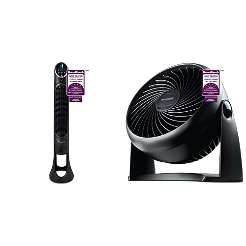 Honeywell HYF290BC QuietSet Whole Room Tower Fan, Black, with Oscillation, Remote Control, Slim Profile & HT900C TurboForce® 7" Power Air Circulator, Black, with 90 Degree Head Pivot, Eco-Friendly - Black - 8 Speed + 3 Speed - Tower Fan+ Table Fan