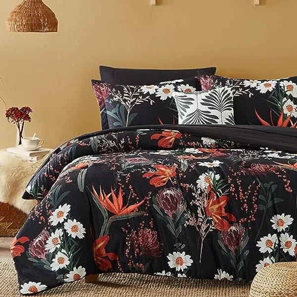 CASAAGUSTO Queen Comforter Set, 7 PCS Black Shore Floral Comforter Set with Flowers Leaves Pattern, Soft Seersucker Design All Season Microfiber Queen Size Bedding Set (90"X90")