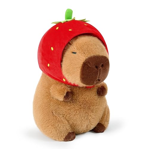 Ditucu Cute Capybara Plush Wear Strawberry Hat Soft Capibara Stuffed Animals Plushies Toys Hugging Gifts for Kids Brown 13 inch - Strawberry Capybara - 13 inch