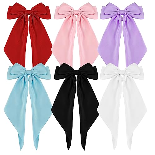 Hapdoo 6PCS Hair Bows for Women, Silky Satin Hair Bow Hair Barrettes Clip Bowknot with Long Tail, Large Soft Hair Clips with Bow French Barrette Hairpin Accessories for Girl, 6Colors - 6pcs Colorful