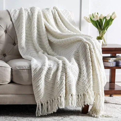 BEDSURE Cream White Throw Blanket for Couch, Knit Woven Chenille Blanket Versatile for Twin Bed, 60 x 80 Inch - Super Soft Warm Decorative Ivory Blanket with Tassels for Chair, Sofa and Living Room - Cream White Twin/Twin XL(60"x80")