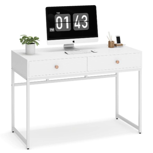 Tribesigns Computer Desk, Modern Simple 47 inch Home Office Desk Study Table Writing Desk with 2 Storage Drawers, Makeup Vanity Console Table White - White