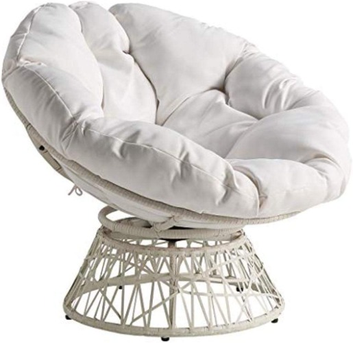 OSP Home Furnishings Wicker Papasan Chair with 360-Degree Swivel, 40” W x 36” D x 35.25” H, White Frame with White Cushion - White Frame With White Cushion Bohemian