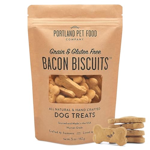 CRAFTED BY HUMANS LOVED BY DOGS Portland Pet Food Company Grain-Free & Gluten-Free Biscuit Dog Treats (1-Pack 5 oz) — Bacon Flavor — All Natural, Human-Grade, Made in The USA - Bacon - 5 Ounce (Pack of 1)
