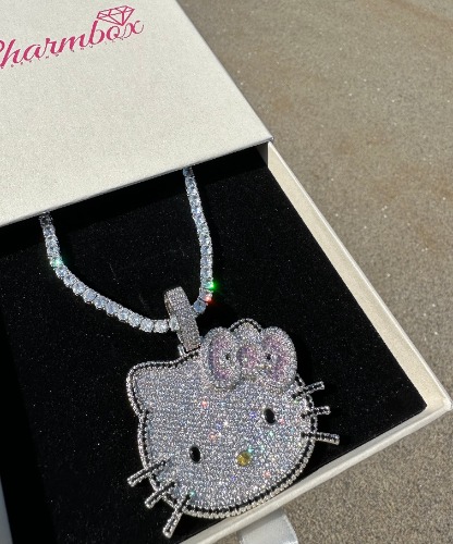 Iced Out Kitty Pendant (SHIPS SAME DAY) | Silver / Pink / 18" Tennis Chain