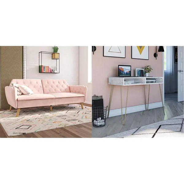 Novogratz Tallulah Memory Foam Futon, Pink & Computer Desk with Storage, White Marble - Modern Pink Velvet