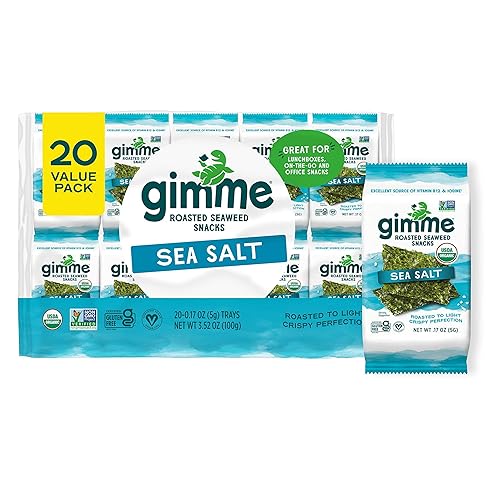 gimMe Organic Roasted Seaweed Sheets, Sea Salt, Keto, Vegan, Gluten Free, Great Source of Iodine and Omega 3’s, Healthy On-The-Go Snack for Kids & Adults, #1 Sea Salt, 0.17 Ounce (Pack of 20) - #1 Sea Salt