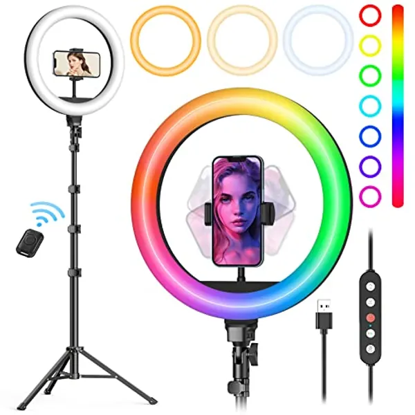 Weilisi 10" Selfie Ring Light with Tripod Stand, 72'' Tall & Phone Holder, 38 Color Modes, Stepless Dimmable/Speed LED Ring Light for iPhone & Android,YouTube, Makeup,TIK Tok - 10''