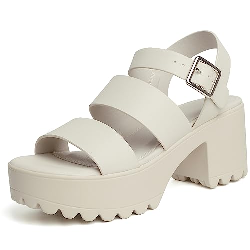 GOUPSKY Platform Sandals for Women Lug Sole Block Heeled Sandals with Adjustable Ankle Strap - 7.5 - New Cream