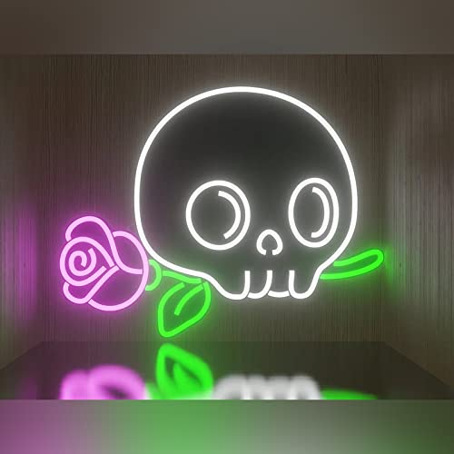 Skull with Rose Neon Sign, Halloween Custom Neon Sign, Creative Neon Lights, Halloween Decoration Semi Custom, Custom Neon Signs For Halloween, Flying Bat, vampire, Vampire Role Cos Play, Unique Gift, Bat Courtyard Decor, Room Decor (Skull with Rose) - Skull with Rose