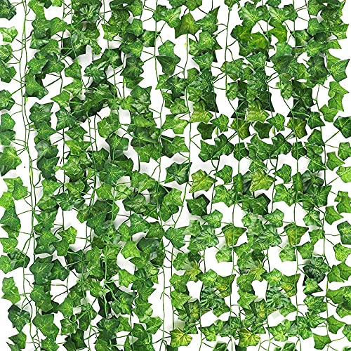 CEWOR 14 Pack 98 Feet Fake Ivy Leaves Artificial Garland Greenery Hanging Plant Vine for Bedroom Wall Decor Wedding Party Room Aesthetic Stuff - Green
