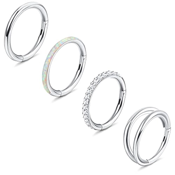 Jstyle 18G 16G Surgical Steel Nose Rings Hoops for Women Opal CZ Septum Rings Clicker Hinged Segment Nose Ring Lip Helix Cartilage Conch Daith Rook Nose Body Piercing Jewelry 8mm 10mm