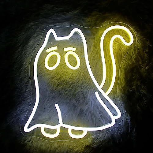 Ghost Cat Neon Signs, Halloween Cute Cat Led Neon Light Signs,Easy to Hang and Adjustable Brightness,USB Powered for Bedroom Man Cave Game Room Party Birthday Gifts for Boys Girls(12.4 * 12.9in) - Ghost Cat