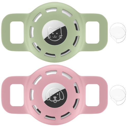 Airtag Cat Collar Holder for Apple Air Tag Cat Collar Holder Within 0.6 inch, Airtag Dog Collar Holder Small, 2 Pack Airtag Pet Collar Holder for Apple Airtag Collar and 2 Pack Airtag Protector - Ci-Pink+Avo_Green