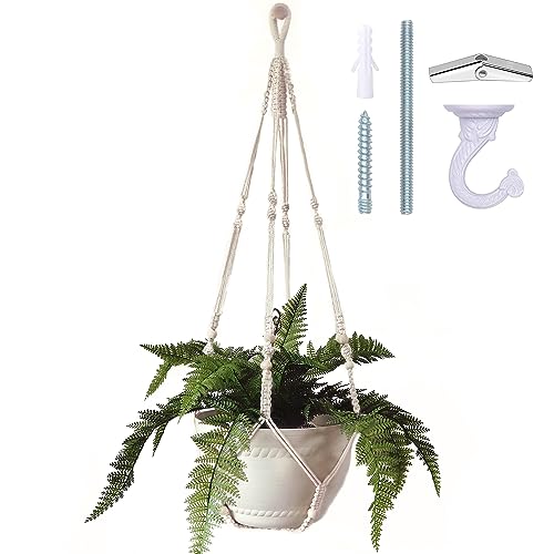 Bouqlife 43 Inches Macrame Plant Hanger Large for 12 inch Pot Extra Long No Tassel Cotton Rope Hanging Plant Holder with Ceiling Hook Bohemian Home Decor - Beige - 1