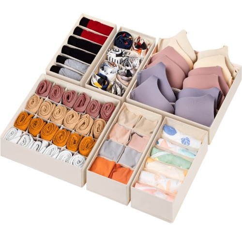 6 Pack Sock Underwear Drawer Organizer Dividers, 58 Cell Foldable Fabric Dresser Closet Organizers and Storage Bins for Clothing, Baby Clothes, Bra, Panty, Scarf, Ties (Beige) - 6 Pack Beige