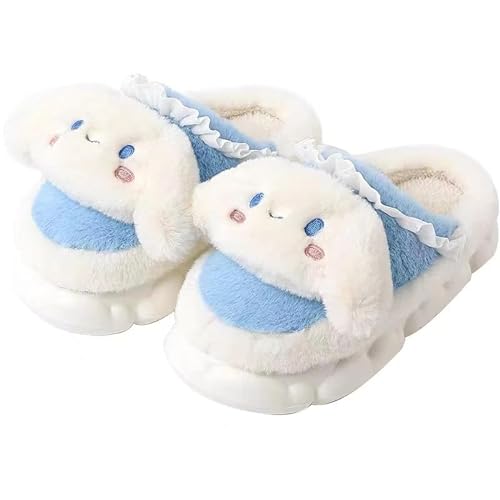 Dqienxs Kawaii Slippers For Girls and Women Soft Embroidered Plush Fluffy Warm Home Slippers Indoor Outdoor Slippers Couple Shoes - 6.5-7 Women/5.5-6 Men - Blue
