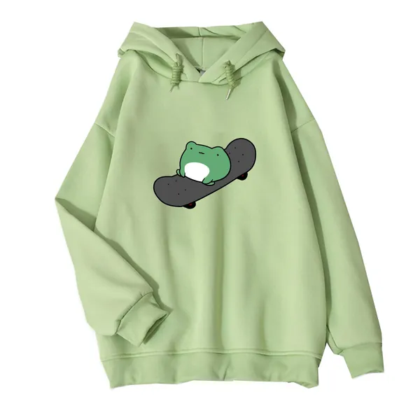 Women's Cute Sweatshirts Skateboarding Frog Long Sleeve Hoodie Pullover Tops - Green Small
