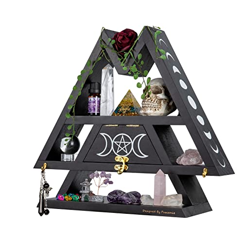 Pracaniz Crystal Shelf with Flap Drawer&Hooks for Wall&Desktop, Moon Holder as Witchy Room Decor,Moon Phase Triangle Shelf,Witchy Decor&Moon Decor Bedroom. - Black