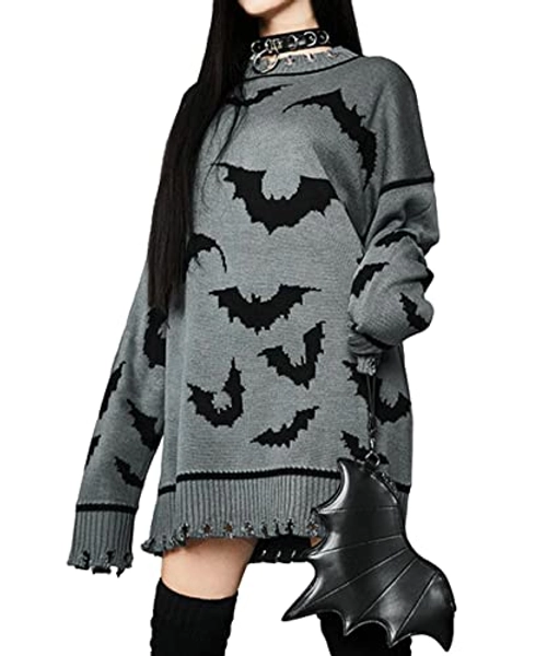 BZB Women's Devil Oversized Sweater Batwing Long Sleeve Sweaters Casual BF Harajuku Gothic Loose Knit Pullover Jumper Tops